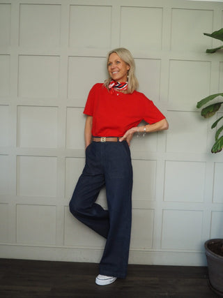 Tomasina T Shirt with Scarf - Navy Blue, Pink, Red, White