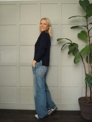 Netty Diamond Knit, Turtle Neck Jumper - Navy Blue and Winter White