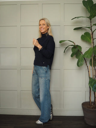 Netty Diamond Knit, Turtle Neck Jumper - Navy Blue and Winter White