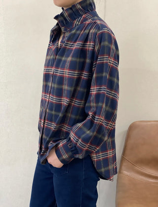Wells Brushed Cotton Tartan Blouse with Ruffle Collar  - Navy Blue