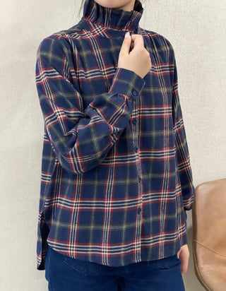 Wells Brushed Cotton Tartan Blouse with Ruffle Collar  - Navy Blue