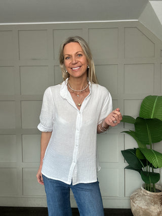 Wimbledon Cotton Cheesecloth Short Sleeve Blouse - Baby Blue, Navy Blue, Pale Pink, Stone, White