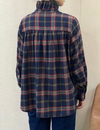 Wells Brushed Cotton Tartan Blouse with Ruffle Collar  - Navy Blue
