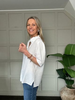 Wimbledon Cotton Cheesecloth Short Sleeve Blouse - Baby Blue, Navy Blue, Pale Pink, Stone, White