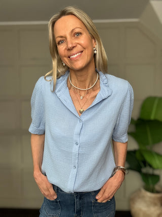 Wimbledon Cotton Cheesecloth Short Sleeve Blouse - Baby Blue, Navy Blue, Pale Pink, Stone, White