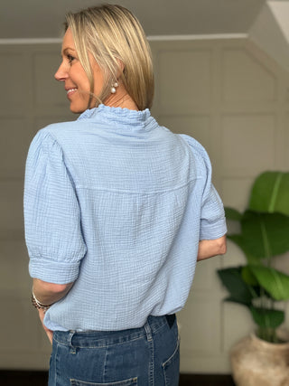 Wimbledon Cotton Cheesecloth Short Sleeve Blouse - Baby Blue, Navy Blue, Pale Pink, Stone, White