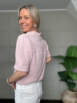 Wimbledon Cotton Cheesecloth Short Sleeve Blouse - Baby Blue, Navy Blue, Pale Pink, Stone, White