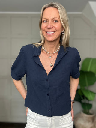 Wimbledon Cotton Cheesecloth Short Sleeve Blouse - Baby Blue, Navy Blue, Pale Pink, Stone, White