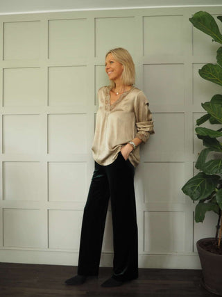 Neava Long Sleeve Lace Trimmed, Satin Feel Top - 11 Colours