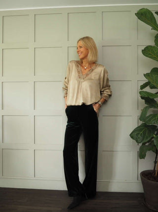 Neava Long Sleeve Lace Trimmed, Satin Feel Top - 11 Colours