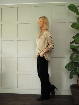 Neava Long Sleeve Lace Trimmed, Satin Feel Top - 11 Colours