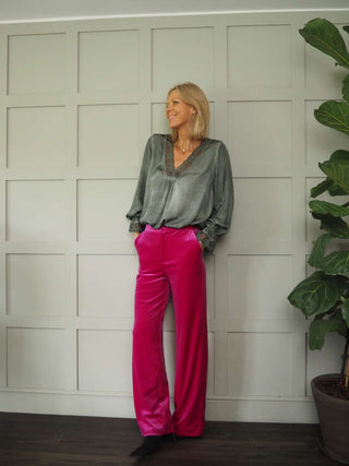 Neava Long Sleeve Lace Trimmed, Satin Feel Top - 11 Colours