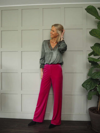 Neava Long Sleeve Lace Trimmed, Satin Feel Top - 11 Colours