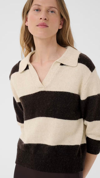 Charlott Stripe Jumper with Collar by Part Two - Chocolate/Oatmeal