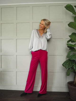 Neava Long Sleeve Lace Trimmed, Satin Feel Top - 11 Colours