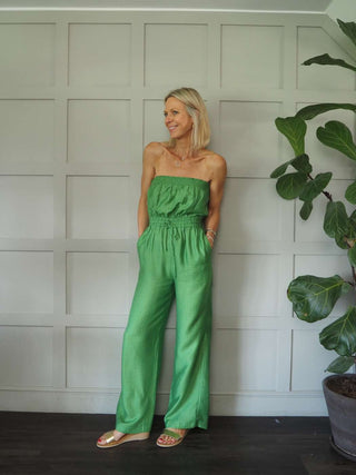 Nelly Jumpsuit Detachable Shoestring Straps, Elasticated Waist With Drawstring by Frnch - Emerald Green With Subtle Geometric Pattern