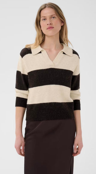 Charlott Stripe Jumper with Collar by Part Two - Chocolate/Oatmeal