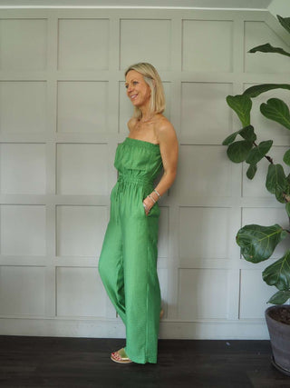 Nelly Jumpsuit Detachable Shoestring Straps, Elasticated Waist With Drawstring by Frnch - Emerald Green With Subtle Geometric Pattern