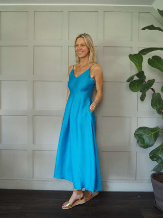 Lionelle V-Neck Maxi Dress with Adjustable Spaghetti Straps &amp; Pockets by Frnch - Cobalt Blue