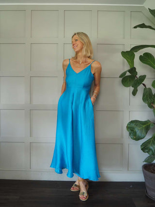 Lionelle V-Neck Maxi Dress with Adjustable Spaghetti Straps &amp; Pockets by Frnch - Cobalt Blue