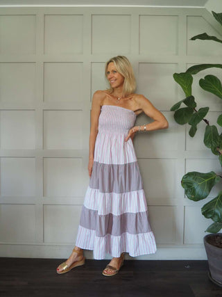 Eulalie Cotton, Striped Sun Dress with Ruched Elasticated Bodice &amp; Tiered Skirt by Frnch - Green/Pink/White