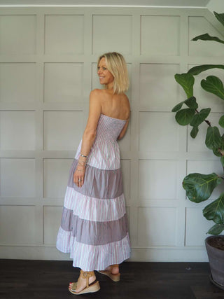 Eulalie Cotton, Striped Sun Dress with Ruched Elasticated Bodice &amp; Tiered Skirt by Frnch - Green/Pink/White