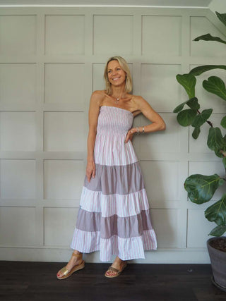 Eulalie Cotton, Striped Sun Dress with Ruched Elasticated Bodice &amp; Tiered Skirt by Frnch - Green/Pink/White