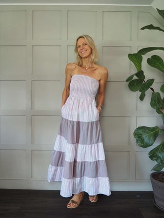 Eulalie Cotton, Striped Sun Dress with Ruched Elasticated Bodice &amp; Tiered Skirt by Frnch - Green/Pink/White