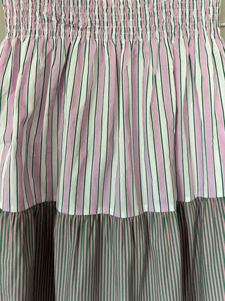 Eulalie Cotton, Striped Sun Dress with Ruched Elasticated Bodice &amp; Tiered Skirt by Frnch - Green/Pink/White