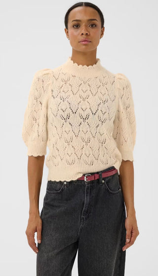Dorthie Pointelle Jumper with Cropped Sleeves by Part Two - Black, Cream