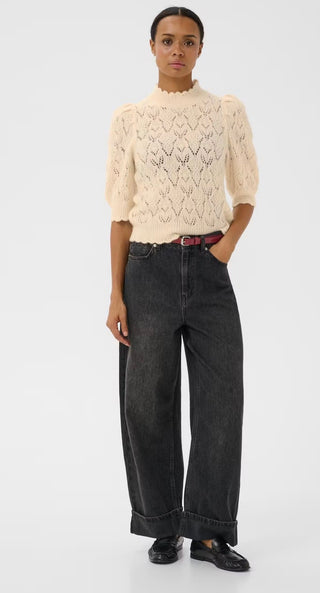 Dorthie Pointelle Jumper with Cropped Sleeves by Part Two - Black, Cream