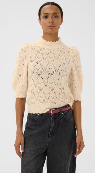 Dorthie Pointelle Jumper with Cropped Sleeves by Part Two - Black, Cream