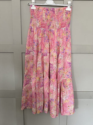 Poola Floral Print Skirt with Elasticated Waist - Khaki, Pink