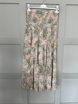 Poola Floral Print Skirt with Elasticated Waist - Khaki, Pink