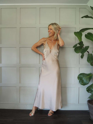 Elena Satin, V-Front, Maxi Camisole Dress with Adjustable Spaghetti Straps - Taupe