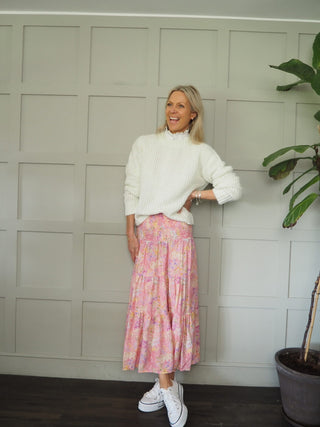 Poola Floral Print Skirt with Elasticated Waist - Khaki, Pink