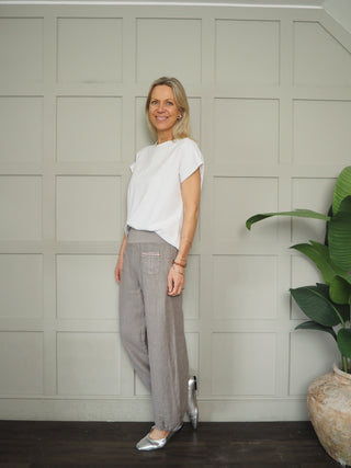 Ola Wide Leg, Linen Trousers with Front Pockets &amp; Trim Detail - 9 Colours
