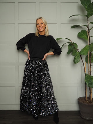 Colwyn Full Sequin Skirt with Satin Waist Band - Black, Gold, Green