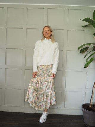 Poola Floral Print Skirt with Elasticated Waist - Khaki, Pink