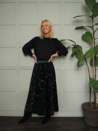 Colwyn Full Sequin Skirt with Satin Waist Band - Black, Gold, Green