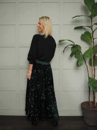 Colwyn Full Sequin Skirt with Satin Waist Band - Black, Gold, Green