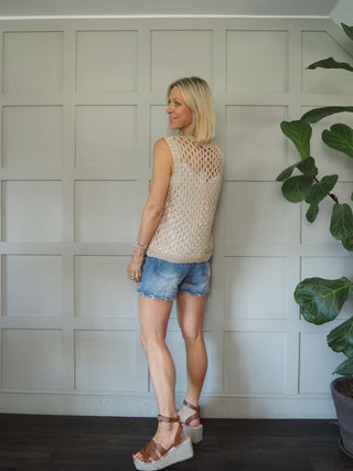 Menni Open Hole Knit Waistcoat with Subtle Sparkly Gold Thread, Front Tie - Gold