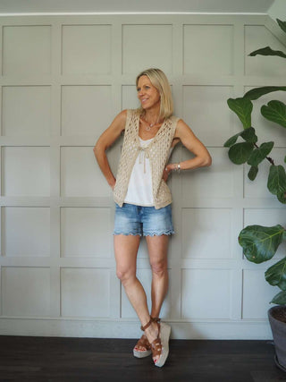 Menni Open Hole Knit Waistcoat with Subtle Sparkly Gold Thread, Front Tie - Gold