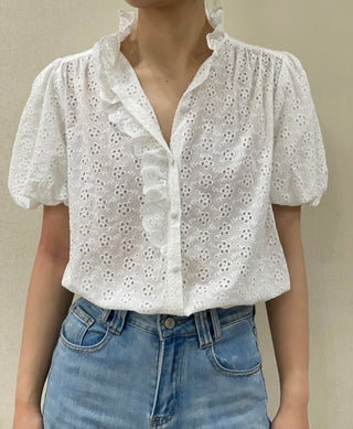 Kilver Broderie Anglaise Shirt Sleeve Blouse - Off White