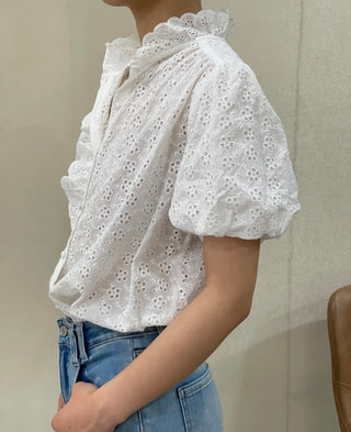 Kilver Broderie Anglaise Shirt Sleeve Blouse - Off White