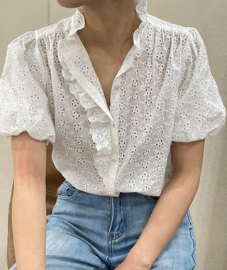 Kilver Broderie Anglaise Shirt Sleeve Blouse - Off White