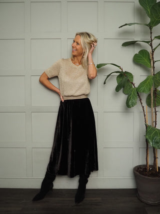 Mimi Velvet Skirt with Gold Lurex Elasticated Waistband by Luella - Black, Navy Blue