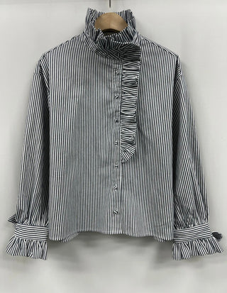 Hoxton Stripe Blouse with Ruffle Details - Chocolate, Navy Blue