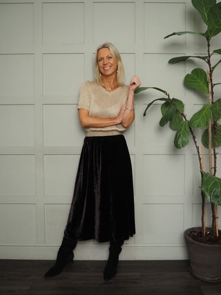 Mimi Velvet Skirt with Gold Lurex Elasticated Waistband by Luella - Black, Navy Blue
