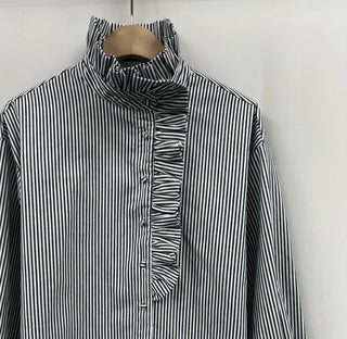 Hoxton Stripe Blouse with Ruffle Details - Chocolate, Navy Blue